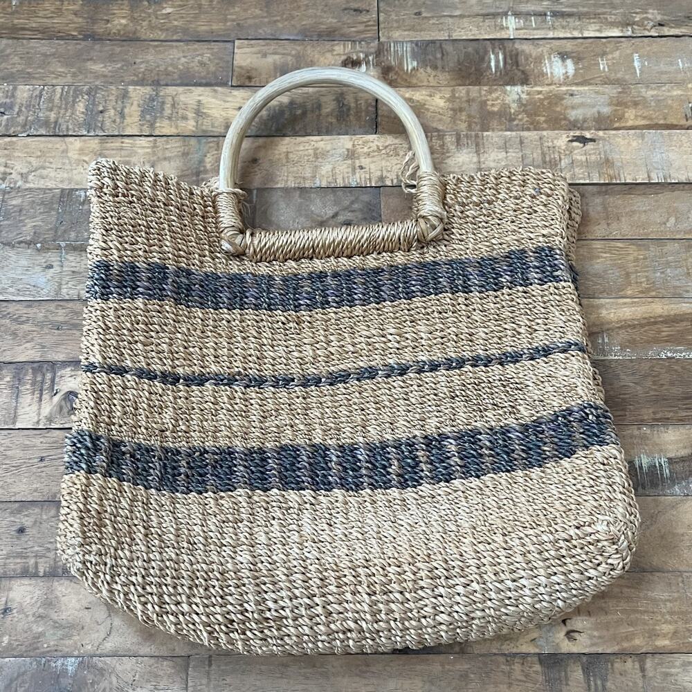 Woven Abaca Fiber Boho Tote Bag Blue Stripes Double Handles
